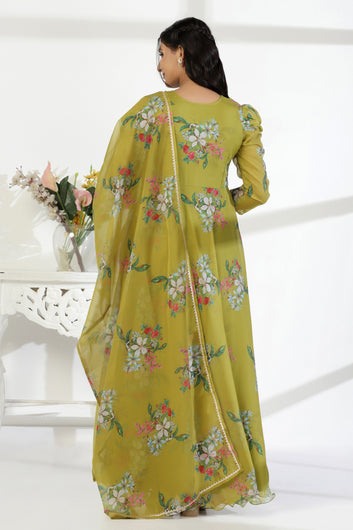 Womens Mehendi Organza Floral Printed Maxi Length Dress With Dupatta Set