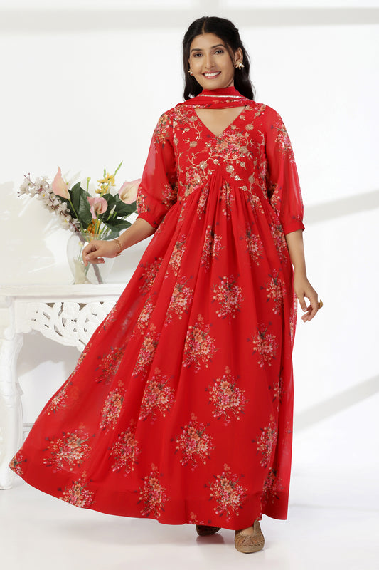 Womens Red Georgette Empire Waist Floral Printed Maxi Dress With Dupatta Set