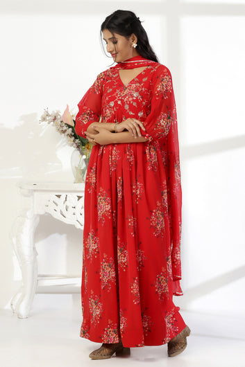 Womens Red Georgette Empire Waist Floral Printed Maxi Dress With Dupatta Set