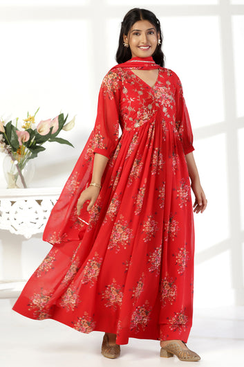 Womens Red Georgette Empire Waist Floral Printed Maxi Dress With Dupatta Set