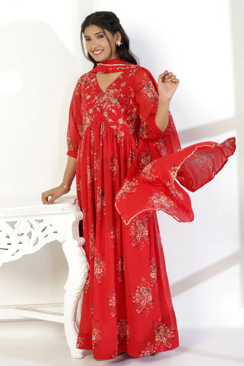 Womens Red Georgette Empire Waist Floral Printed Maxi Dress With Dupatta Set