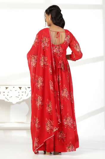 Womens Red Georgette Empire Waist Floral Printed Maxi Dress With Dupatta Set