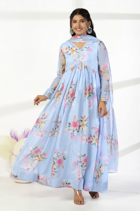 Womens Sky Blue Organza Floral Printed Maxi Length Dress With Dupatta Set