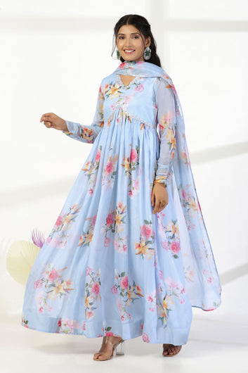 Womens Sky Blue Organza Floral Printed Maxi Length Dress With Dupatta Set