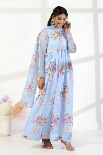 Womens Sky Blue Organza Floral Printed Maxi Length Dress With Dupatta Set