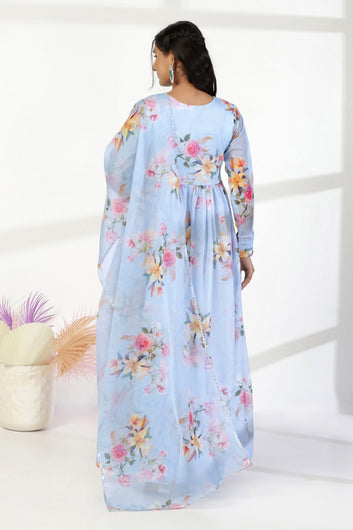 Womens Sky Blue Organza Floral Printed Maxi Length Dress With Dupatta Set