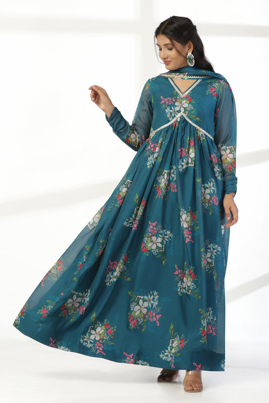 Womens Morpich Organza Floral Printed A line Maxi Dress With Dupatta Set