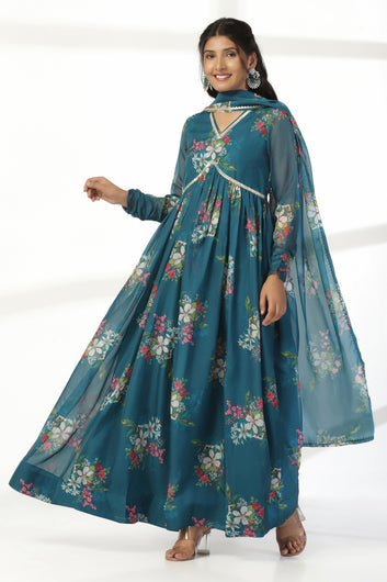 Womens Morpich Organza Floral Printed A line Maxi Dress With Dupatta Set