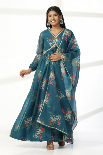 Womens Morpich Organza Floral Printed A line Maxi Dress With Dupatta Set