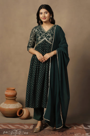 Womens Bottel Green Georgette Printed Empire Waist Calf Length Kurta And Trouser With Dupatta Set