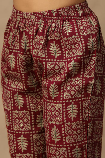 Womens Maroon Capsule Batic Printed Kurta With Pant Set