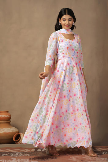 Womens Multicolor Georgette Floral Printed Fit And Flare Maxi Length Dress With Dupatta Set