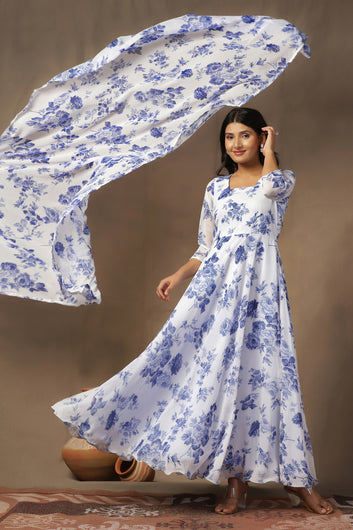 Womens White Georgette Floral Printed Maxi Dress With Dupatta Set