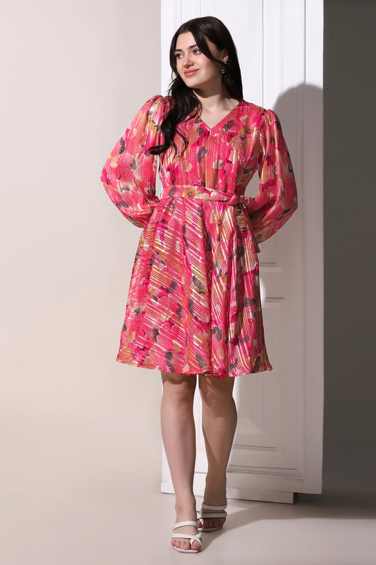 Womens Pink Georgette All-Over Printed Above Knee Length Dress