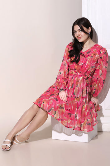 Womens Pink Georgette All-Over Printed Above Knee Length Dress