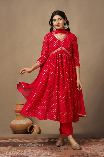 Womens Red Georgette Polka Dot Printed Empire Waist Calf Length Kurta And Trouser With Dupatta Set