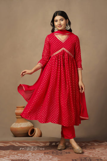 Womens Red Georgette Polka Dot Printed Empire Waist Calf Length Kurta And Trouser With Dupatta Set