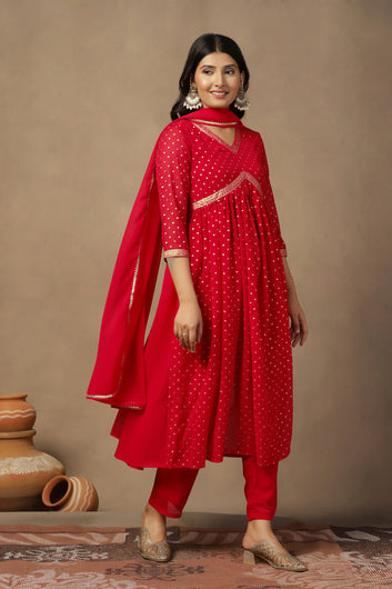 Womens Red Georgette Polka Dot Printed Empire Waist Calf Length Kurta And Trouser With Dupatta Set