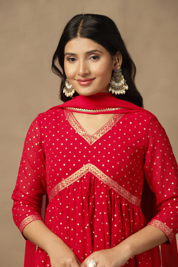 Womens Red Georgette Polka Dot Printed Empire Waist Calf Length Kurta And Trouser With Dupatta Set