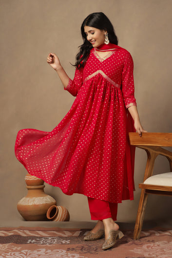 Womens Red Georgette Polka Dot Printed Empire Waist Calf Length Kurta And Trouser With Dupatta Set