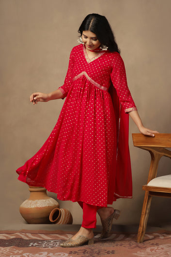 Womens Red Georgette Polka Dot Printed Empire Waist Calf Length Kurta And Trouser With Dupatta Set