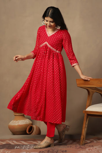 Womens Red Georgette Polka Dot Printed Empire Waist Calf Length Kurta And Trouser With Dupatta Set