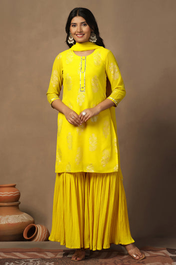 Womens Yellow Georgette Regular Floral Printed Kurta And Sharara With Dupatta Set