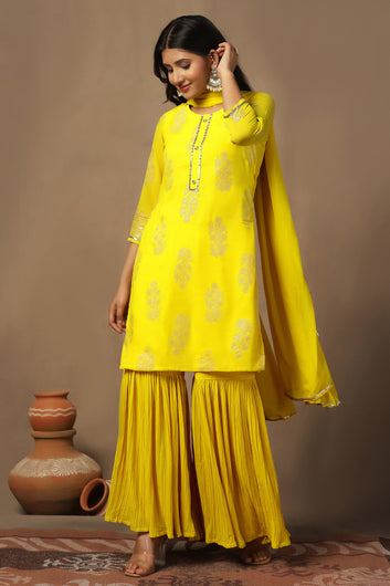 Womens Yellow Georgette Regular Floral Printed Kurta And Sharara With Dupatta Set