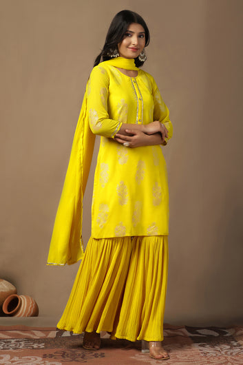 Womens Yellow Georgette Regular Floral Printed Kurta And Sharara With Dupatta Set