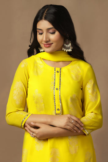 Womens Yellow Georgette Regular Floral Printed Kurta And Sharara With Dupatta Set