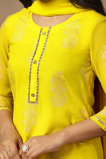 Womens Yellow Georgette Regular Floral Printed Kurta And Sharara With Dupatta Set