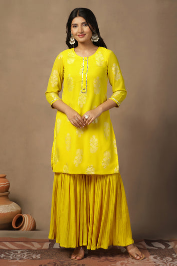 Womens Yellow Georgette Regular Floral Printed Kurta And Sharara With Dupatta Set