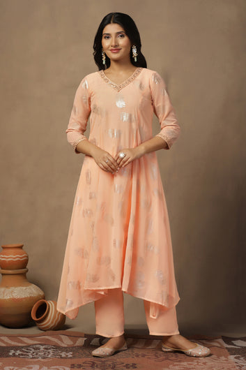 Womens Light Peach Georgette Foil Printed Calf Length Kurta With Trouser Set