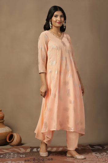 Womens Light Peach Georgette Foil Printed Calf Length Kurta With Trouser Set