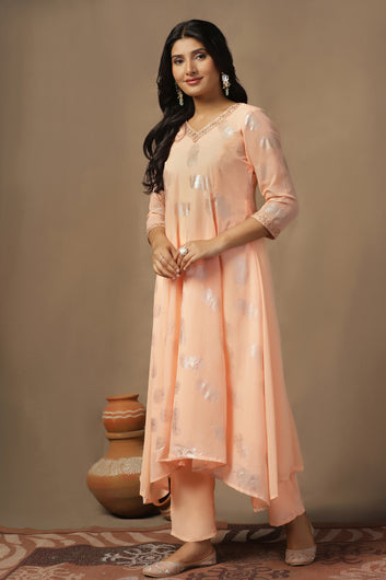 Womens Light Peach Georgette Foil Printed Calf Length Kurta With Trouser Set