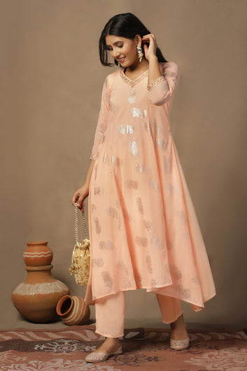 Womens Light Peach Georgette Foil Printed Calf Length Kurta With Trouser Set