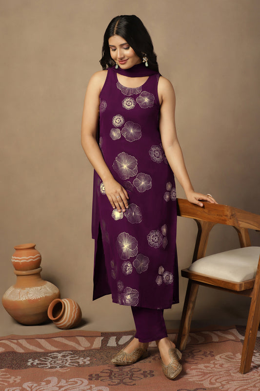 Womens Purple Georgette Floral Printed Calf Length Kurta And Trouser With Dupatta Set