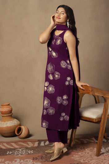 Womens Purple Georgette Floral Printed Calf Length Kurta And Trouser With Dupatta Set