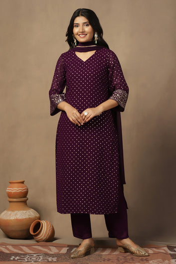 Womens Wine Georgette Polka Dot Printed Calf Length Kurta And Trouser With Dupatta Set