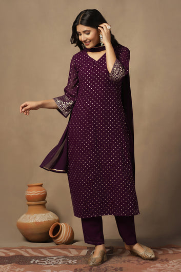 Womens Wine Georgette Polka Dot Printed Calf Length Kurta And Trouser With Dupatta Set