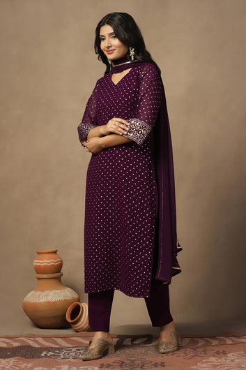 Womens Wine Georgette Polka Dot Printed Calf Length Kurta And Trouser With Dupatta Set