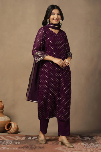 Womens Wine Georgette Polka Dot Printed Calf Length Kurta And Trouser With Dupatta Set