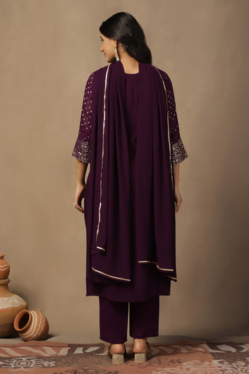 Womens Wine Georgette Polka Dot Printed Calf Length Kurta And Trouser With Dupatta Set