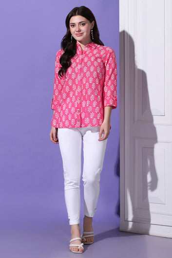 Womens Pink Cotton Block Printed Shirt Style Top