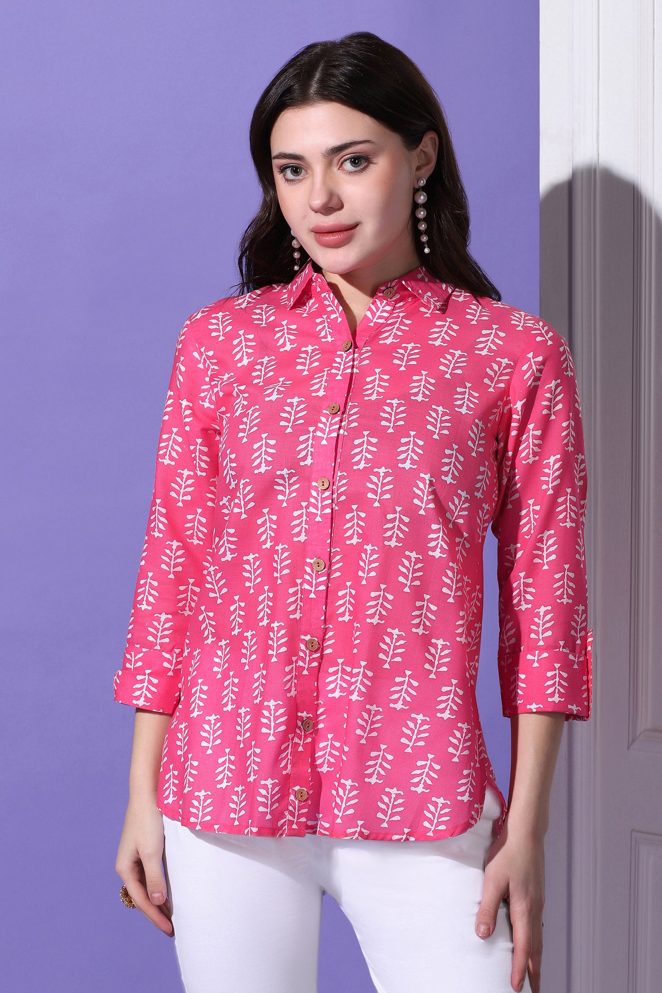 Womens Pink Cotton Block Printed Shirt Style Top