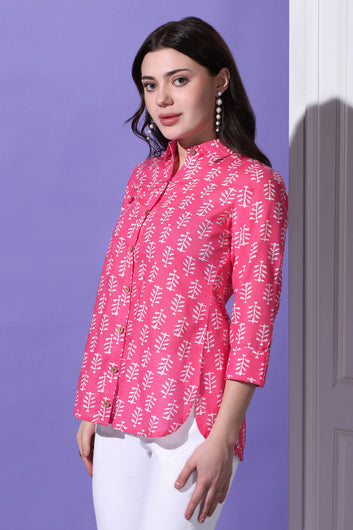 Womens Pink Cotton Block Printed Shirt Style Top