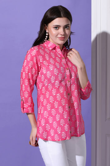 Womens Pink Cotton Block Printed Shirt Style Top