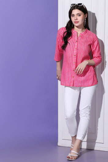 Womens Pink Cotton Block Printed Shirt Style Top