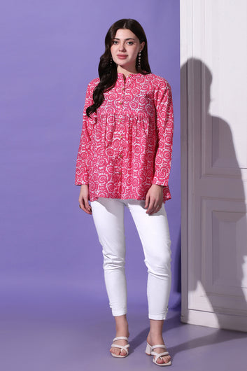 Womens Pink Cotton Floral Printed Shirt Style Top