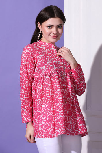 Womens Pink Cotton Floral Printed Shirt Style Top